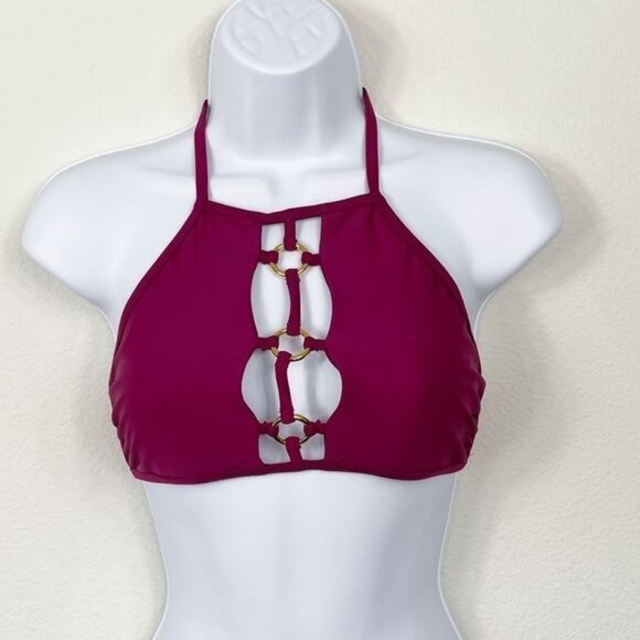 California Sunshine Halter Bikini Top W/ Gold Ring Detail Medium Maroon Nylon/Sp - Picture 2 of 4